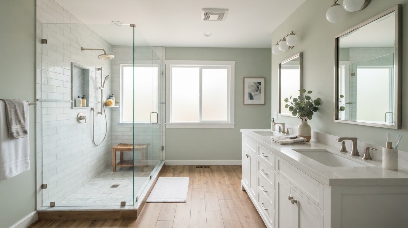 Remodeled Raleigh bathroom with a curbless walk-in tile shower, double quartz vanity, and porcelain tile floor.