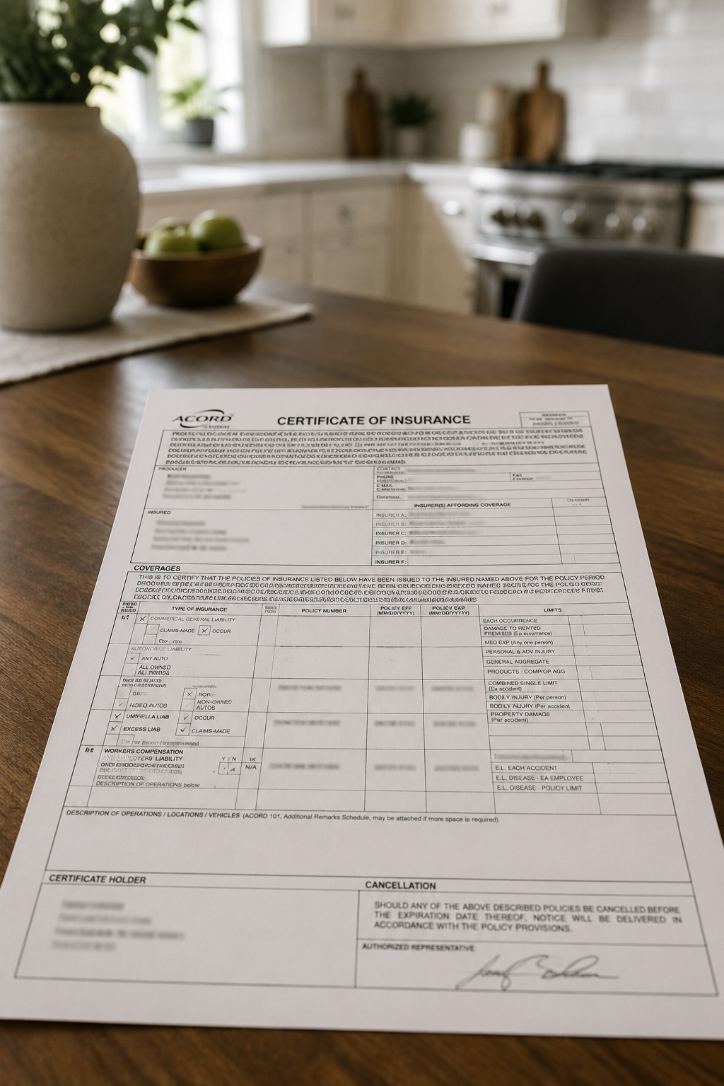 insurance certificate on a table